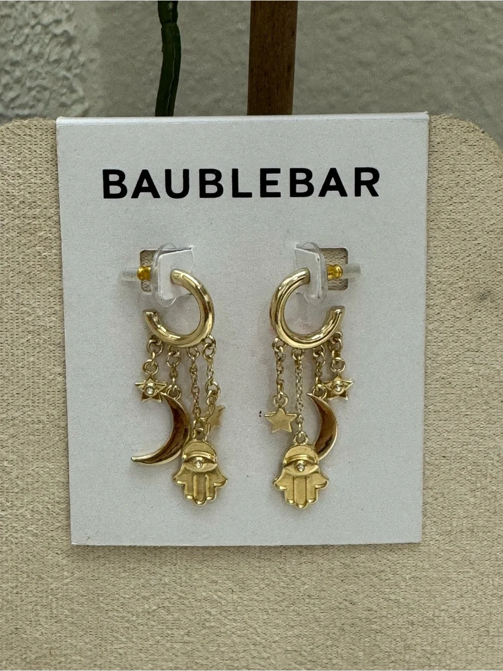BaubleBar Gold Hamsa Moon & Star Dangle Earrings New in Card.